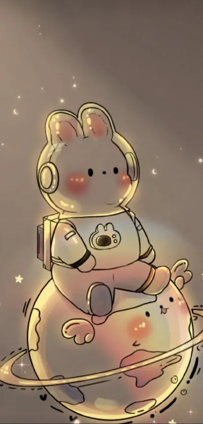 Cartoon bunny astronaut on a planet in space.