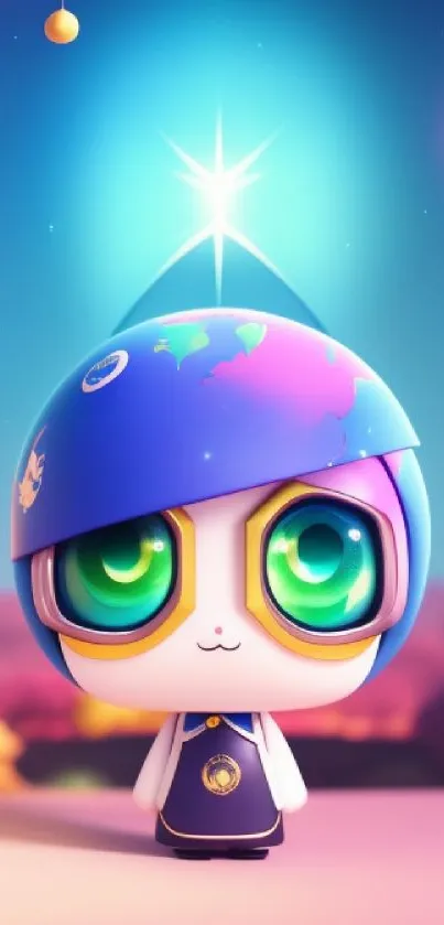 Vibrant cartoon character with a cosmic helmet on a starry background.