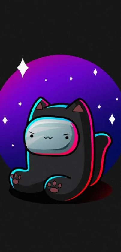 Cute cosmic cat with neon colors in space-themed wallpaper.