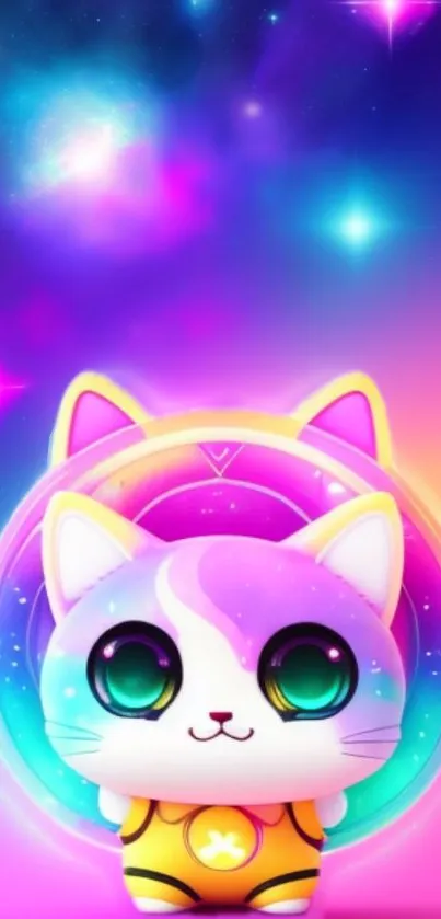 Colorful cosmic cat wallpaper with a nebula background and stars.