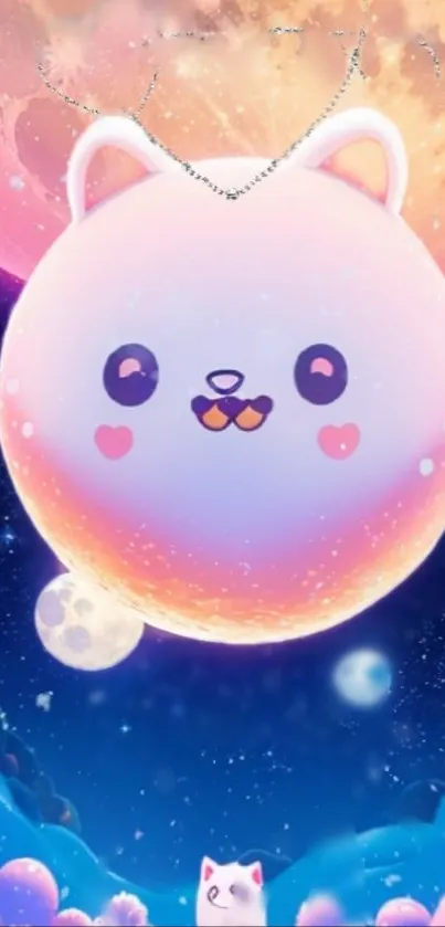 Adorable floating cat with cosmic background in pink and blue hues.