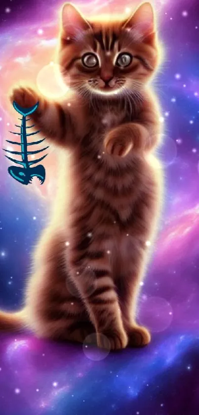 Adorable kitten holds fishbone against stunning galaxy backdrop.