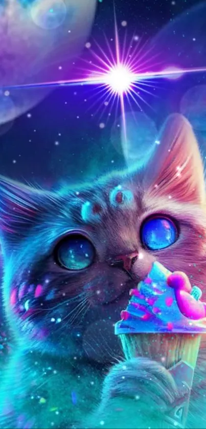 Cute cosmic cat with colorful ice cream under a vibrant starlit sky.