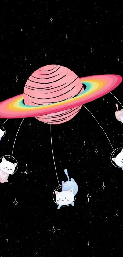 Whimsical wallpaper of cats floating in space around a colorful planet.