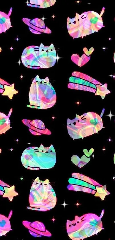 Colorful cosmic cat wallpaper with stars and planets.