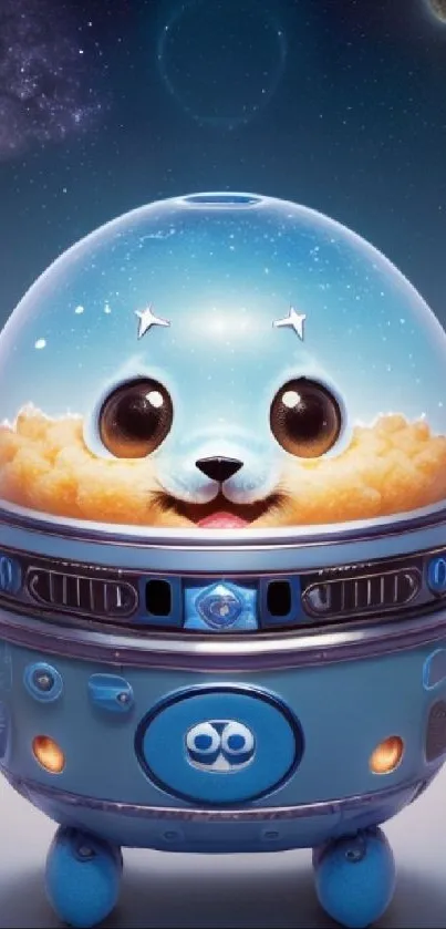 Adorable creature in a cosmic-themed robot suit with a brightly colored sky.