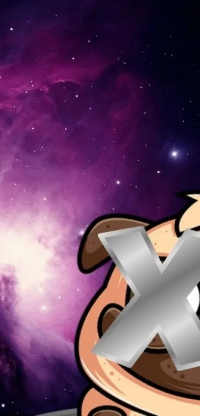 Cartoon dog with purple galaxy background