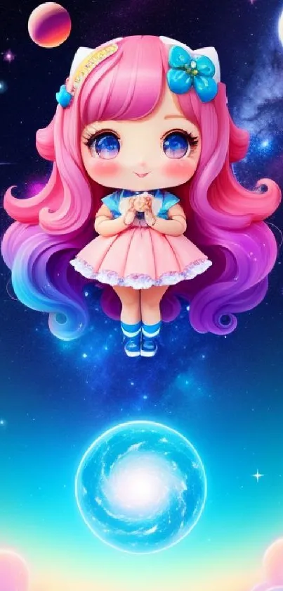 Whimsical cosmic doll with vibrant colors against a celestial background.