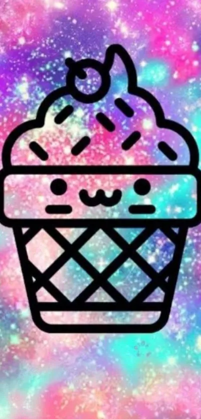 Kawaii ice cream with colorful galaxy background.