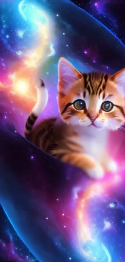 Cute kitten floating in a colorful galaxy.