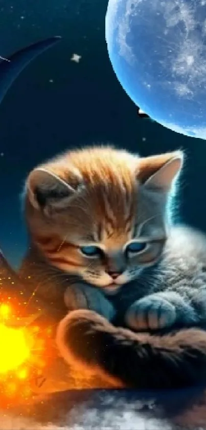 Charming kitten lounging under a crescent moon in a cosmic setting