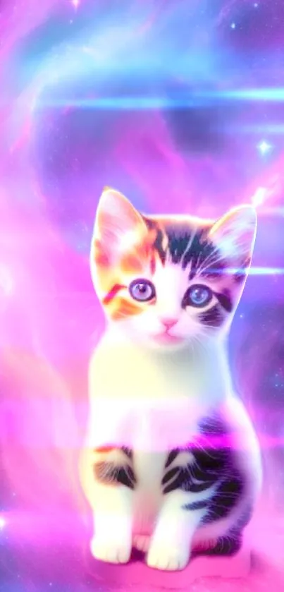 Adorable kitten with a pink cosmic galaxy background.