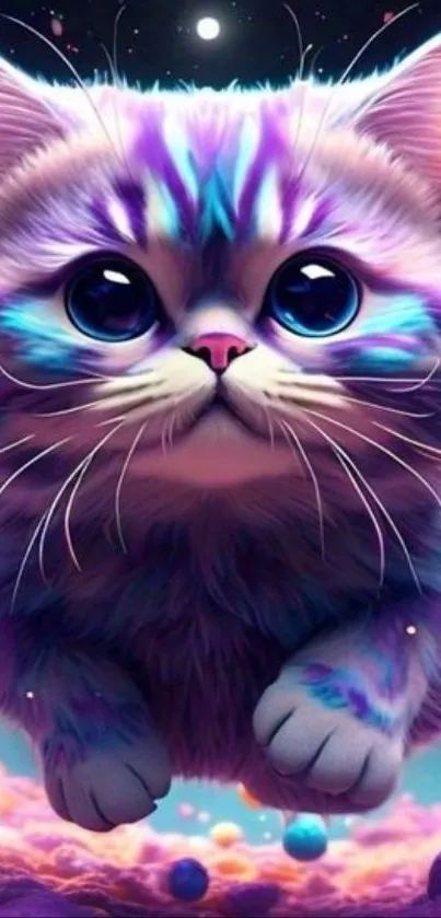 Adorable cosmic kitten with vibrant colors in a fantasy setting.