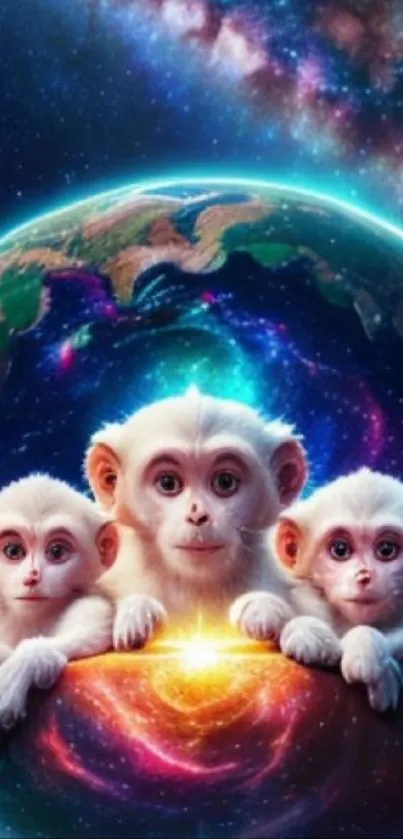 Adorable monkeys with a cosmic and colorful background featuring Earth.