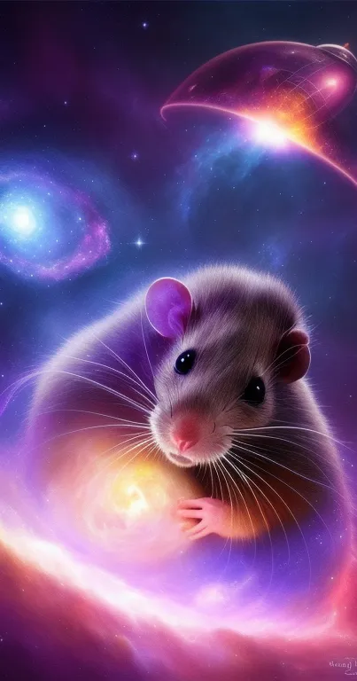 A cute mouse in a colorful cosmic space scene with galaxies and neon lights.