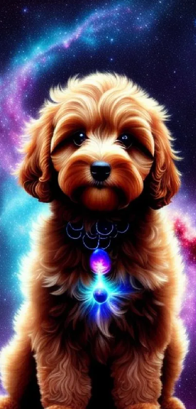 Fluffy puppy with glowing necklace in cosmic galaxy background.