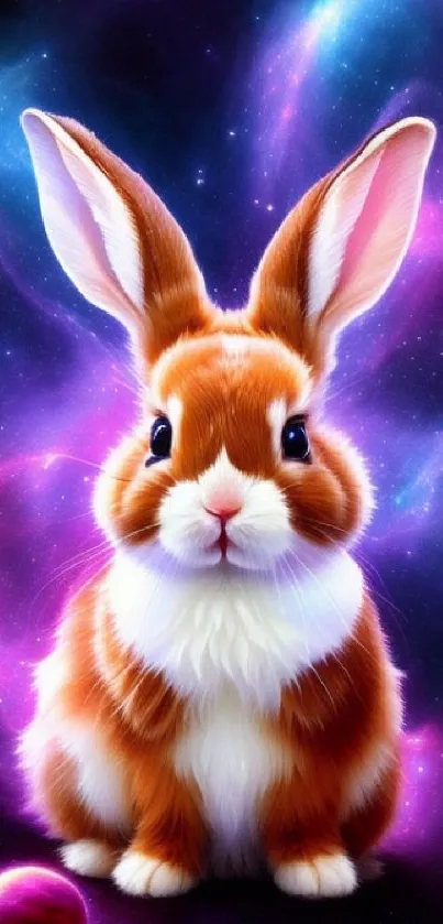 Cute rabbit set against a vibrant cosmic background.