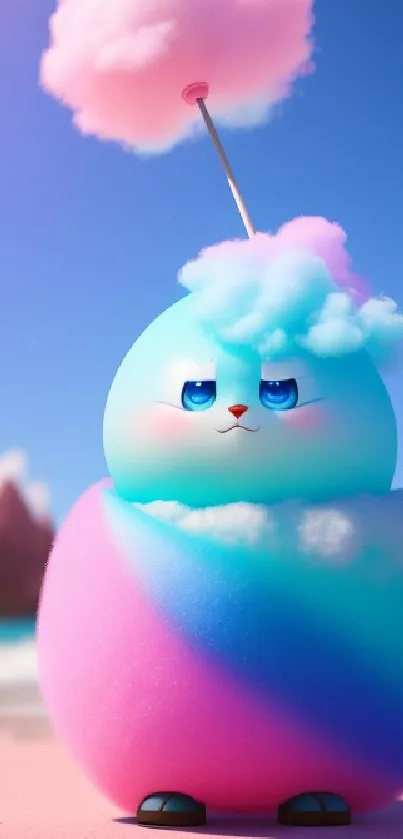Pastel fluffy creature on a beach with cotton candy textures.