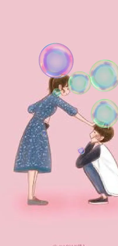 Anime couple with pastel pink background and colorful bubbles.