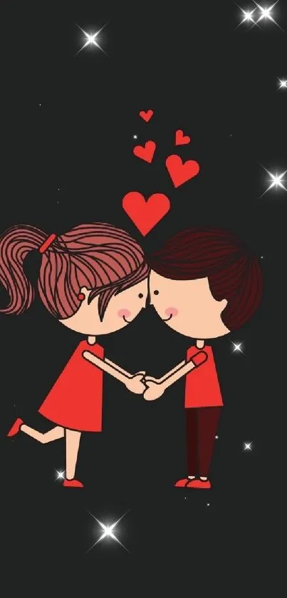 Cartoon couple holding hands with red hearts on black background.