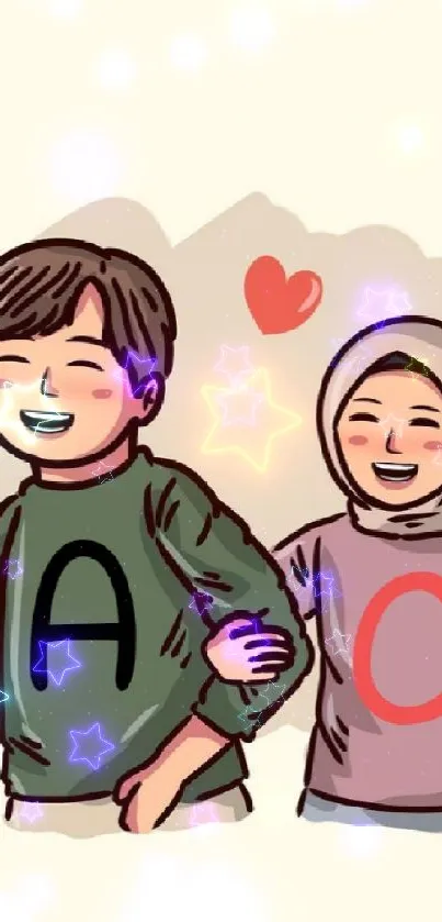 Cartoon couple smiling with hearts.