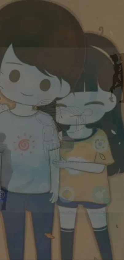 Adorable cartoon couple hugging in a cute wallpaper.