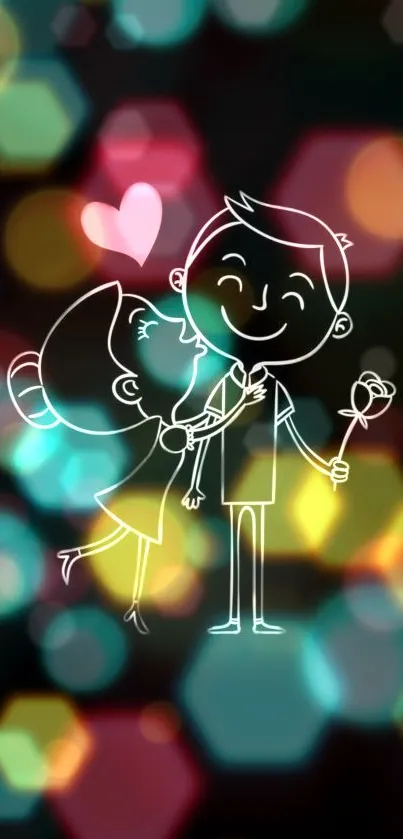 Cartoon couple with hearts and bokeh lights wallpaper.