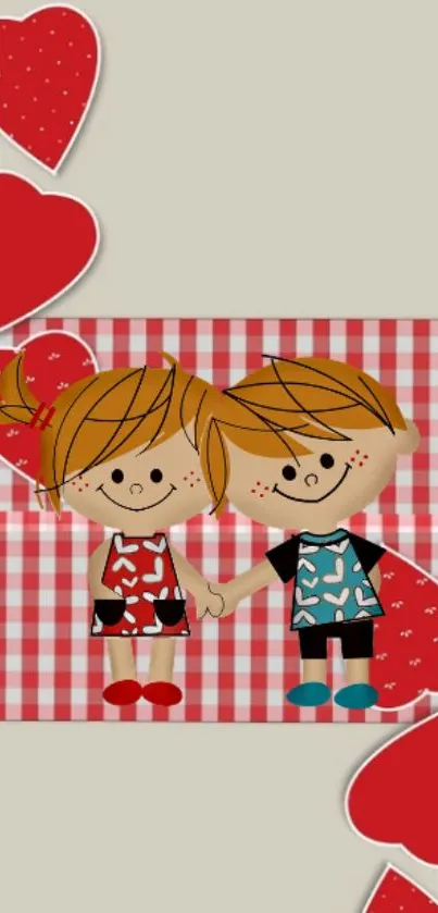 Cartoon couple with hearts on gingham background.