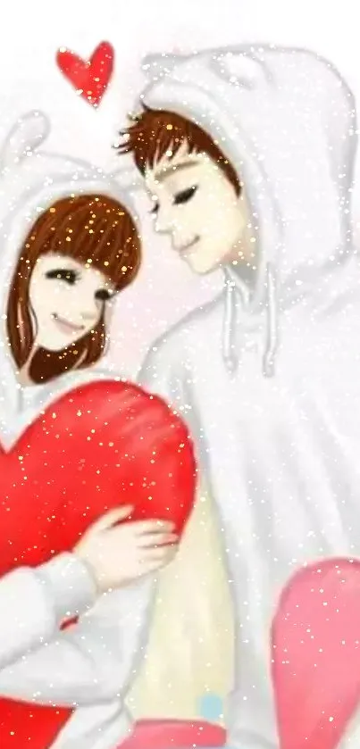 Cute illustrated couple in bear hoodies holding a heart.