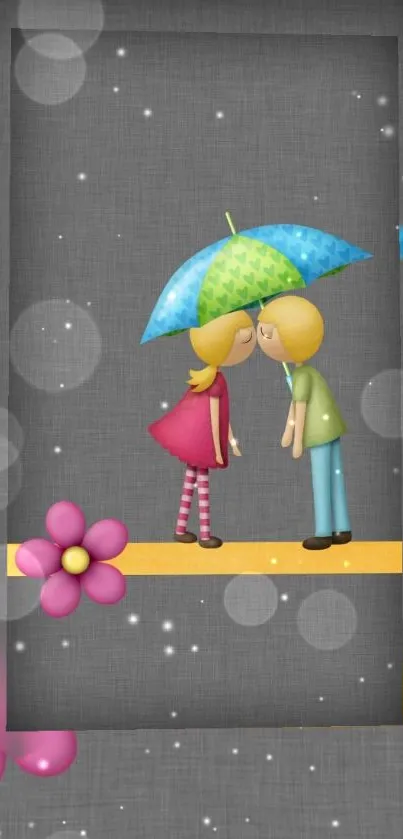 Cute cartoon couple under umbrella wallpaper with a romantic vibe.