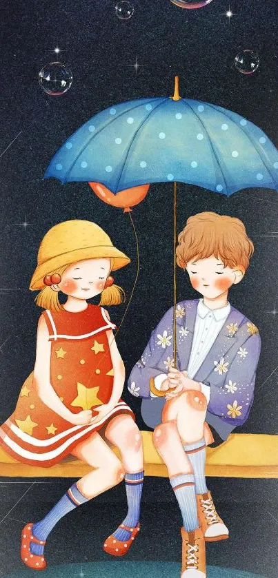 Illustration of a couple sitting under a blue umbrella with a whimsical design.