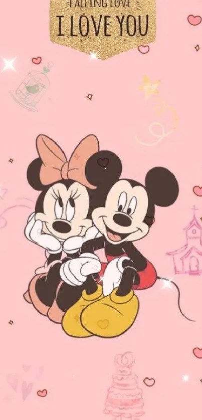 Cute cartoon couple on pink background with romantic elements.