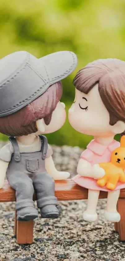 Cute cartoon couple sits on bench.