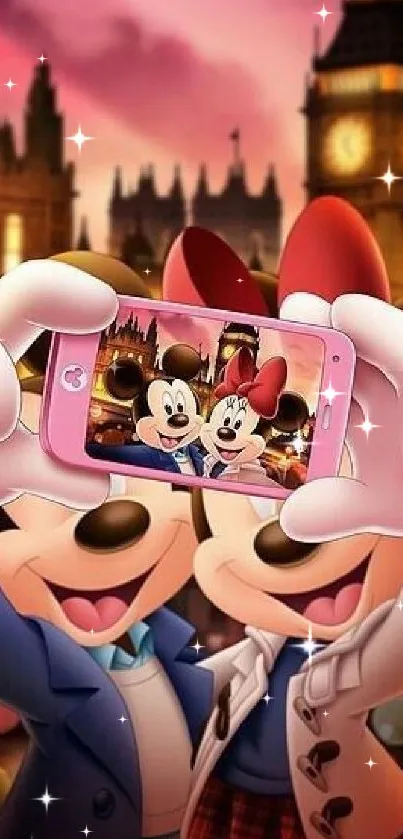 Cartoon characters take a selfie with a city background on a pink phone.