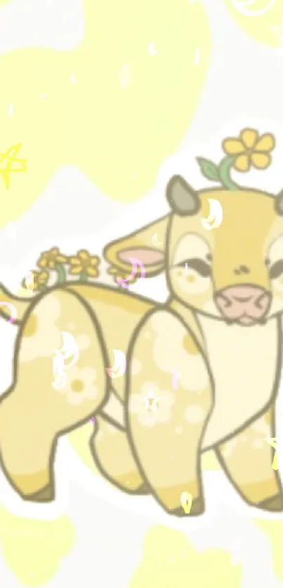 Cute cartoon cow with flowers in a light yellow background.