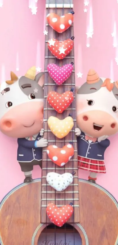 Cartoon cows on a guitar with hearts on pink.