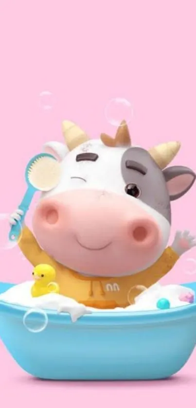 Cute cartoon cow in pastel bubble bath wallpaper.