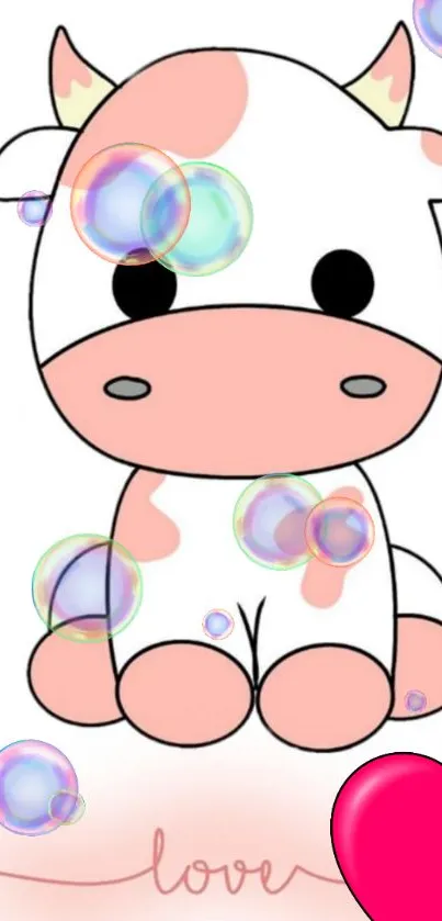 Cute cartoon cow with bubbles and heart theme wallpaper.