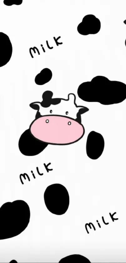 Cute black and white cow pattern wallpaper with milk text.