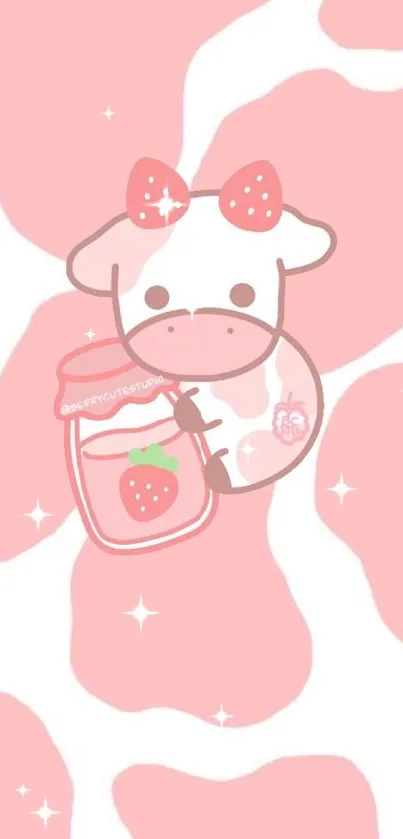 Cute pink cow wallpaper with a strawberry theme.