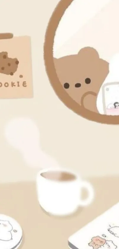 Cute cozy bear wallpaper with cookies and coffee.