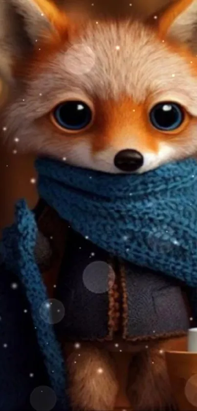 Adorable illustrated fox in a blue scarf.