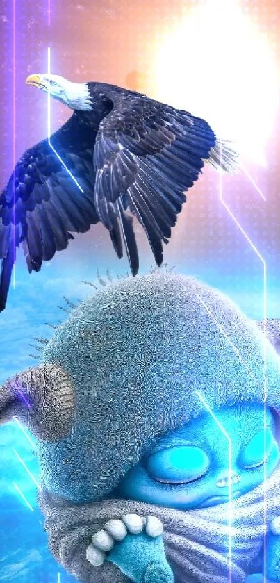 Whimsical blue creature and eagle in cosmic sky wallpaper.