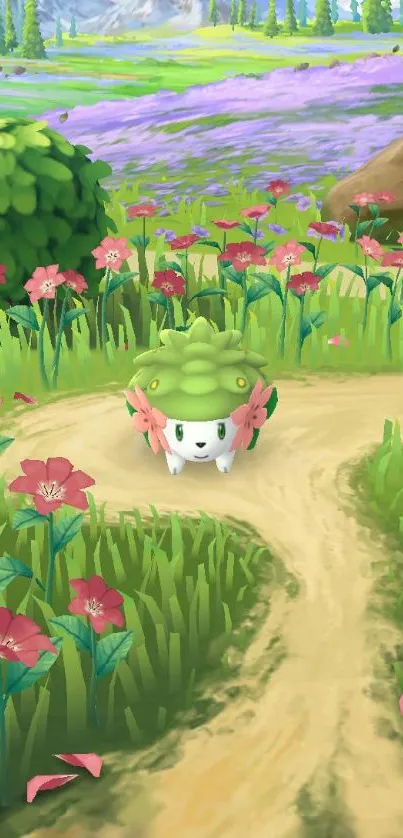 Cute creature on a floral path with mountains.