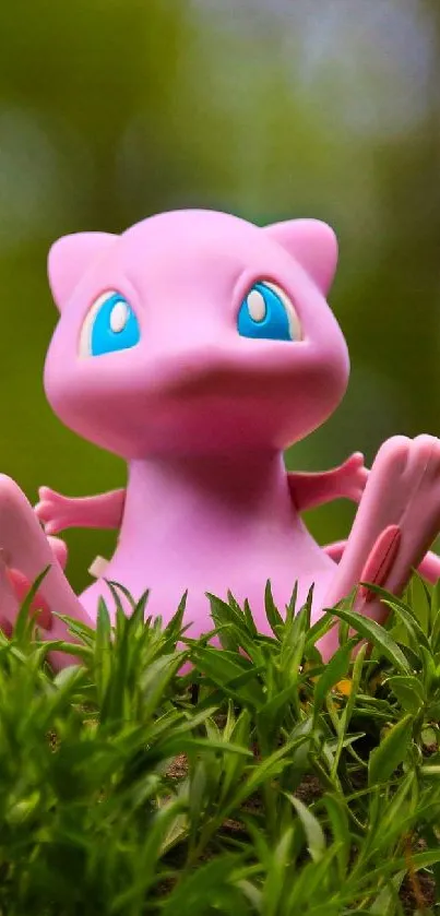 Pink toy creature among grass with nature backdrop.