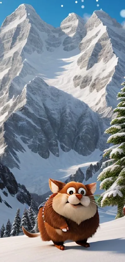 Cute animated creature in snowy mountain landscape.