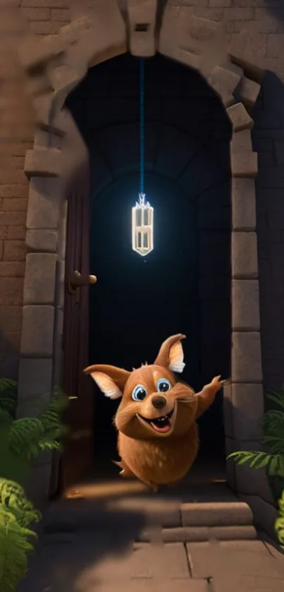 Cute fluffy creature under glowing light in stone archway doorway.