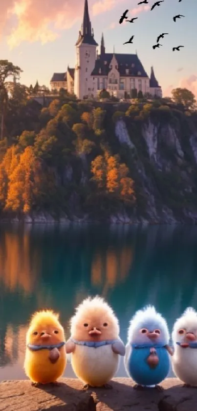 Adorable creatures by a serene lake with a castle on a hill at sunset.