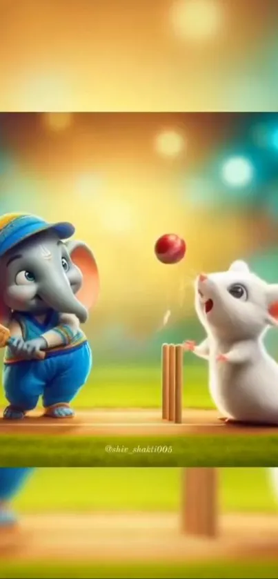 Cartoon elephant and mouse playing cricket in a vibrant scene.