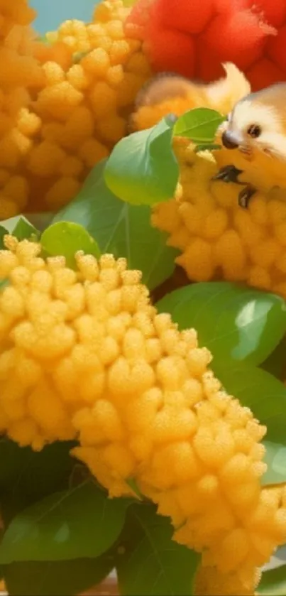 Cute critter on yellow bumpy flowers with lush green leaves.